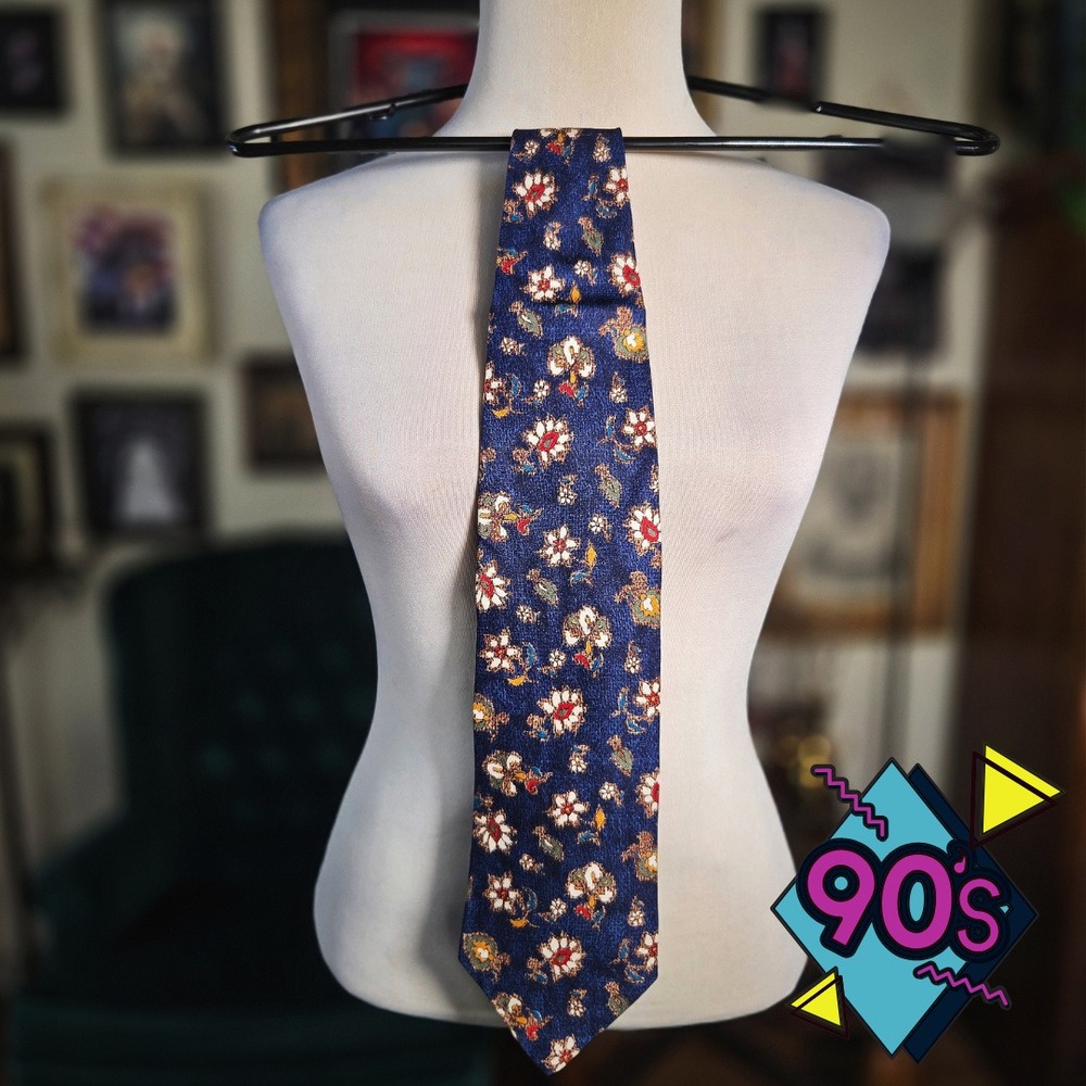 Structure Silk Tie Vintage 90s Mens Blue Floral Botanical Necktie Made in USA